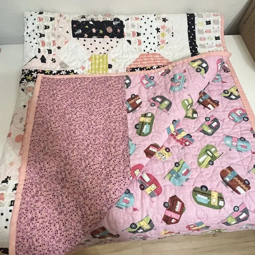 Handmade Cats and Camper Trailers Patchwork Quilt Blanket Pink